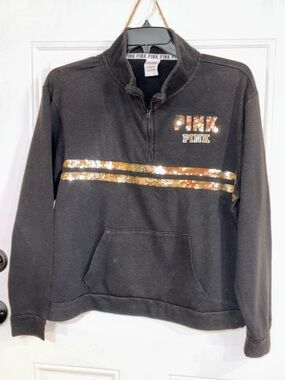 PINK Victoria's Secret Black Half-Zip Sweater with Gold Sequin Stripes